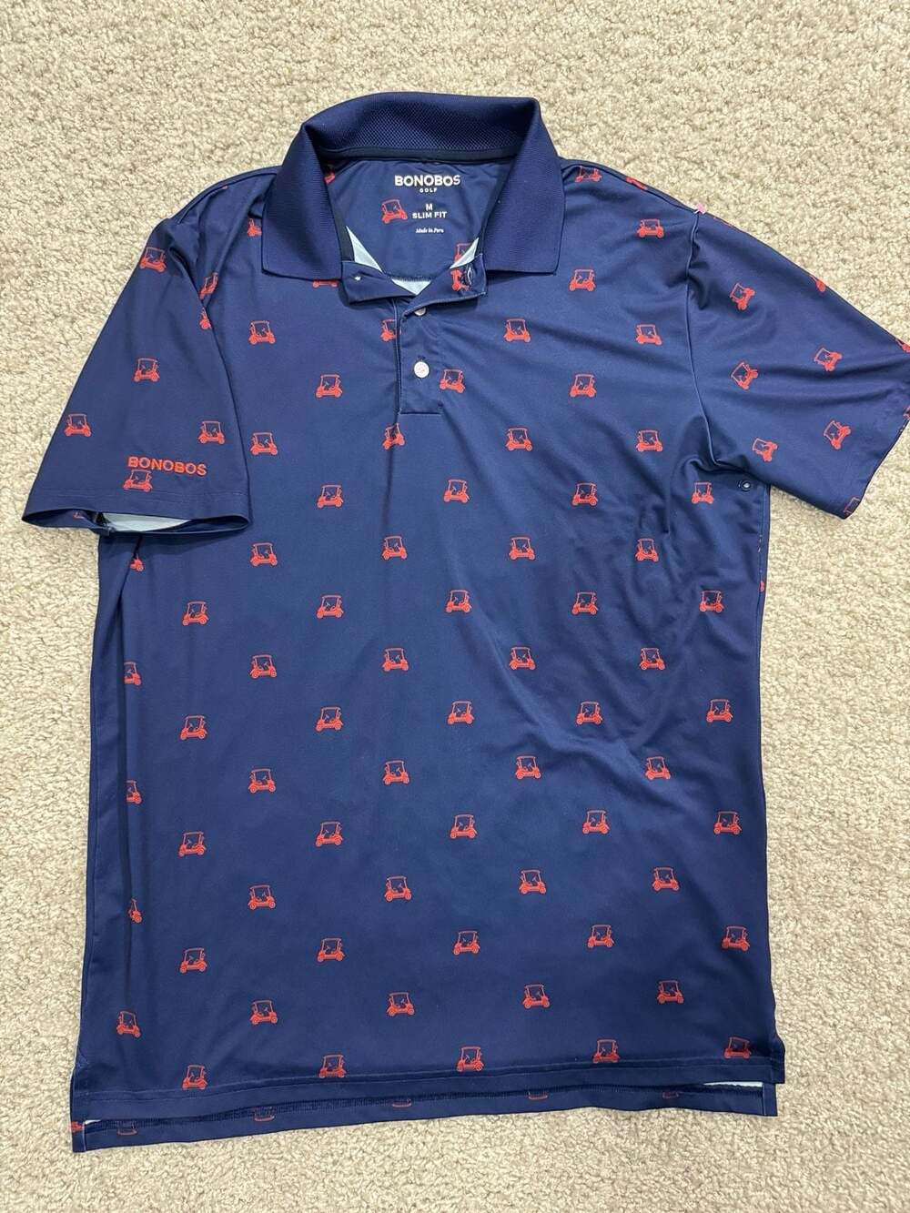 Bonobos Golf Slim Fit Polo Shirt Navy Blue Orange Golf Cart Print Size M